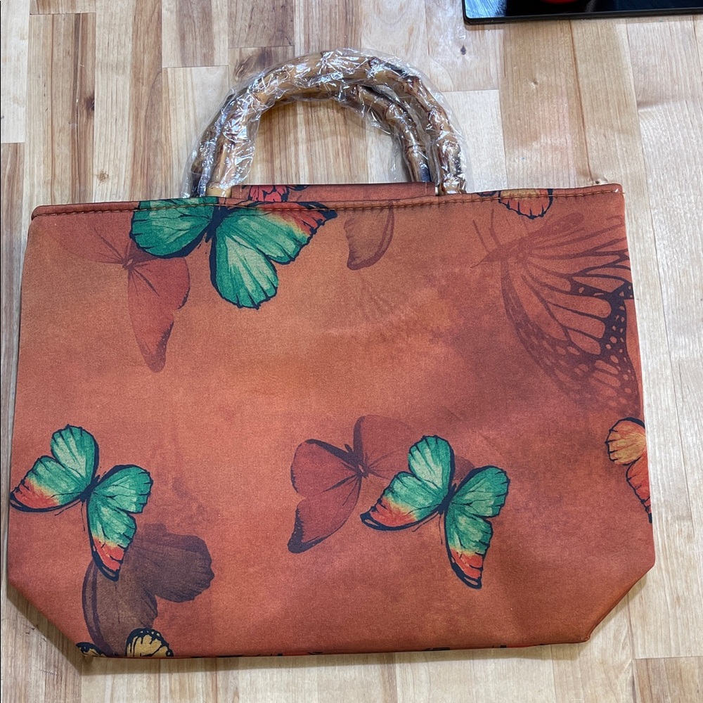 Butterfly Print Tote Bag - Brown and Green